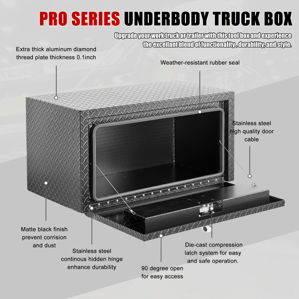 36 inch aluminum underbody truck tool box heavy duty underbed toolbox tool storage organizer chest with lock and keys, waterproof trailer box, extra thick diamond thread plate matte black finish