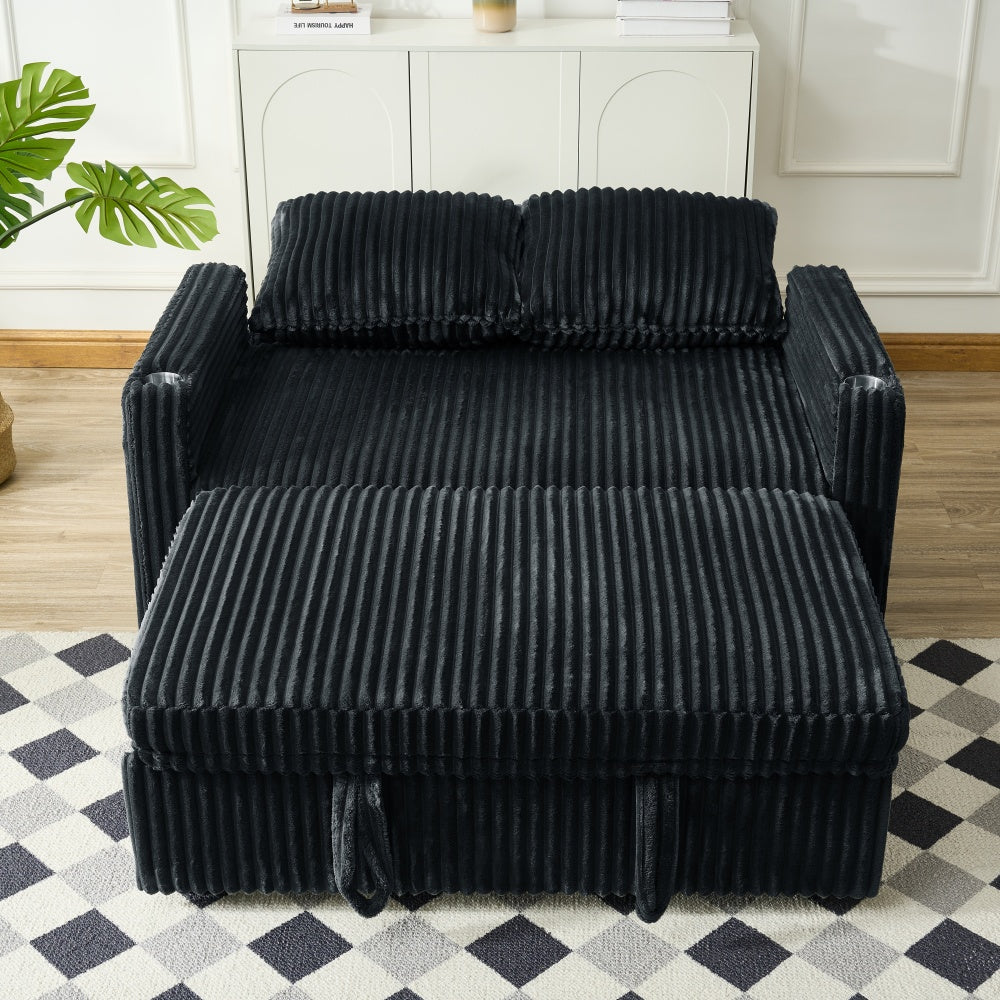 Sleeper Sofa Couch w/Pull Out Bed, Modern Corduroy Convertible Sleeper Sofa Bed, Small Love seat Sofa Bed w/Pillows & Side Pockets for Small Space, Living Room, Apartment,Black