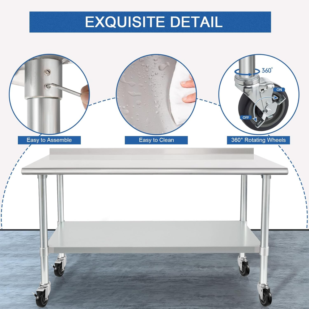 Stainless Steel Table 30 x 60 Inches Metal Prep Table with Wheels Casters Adjustable Undershelf Stainless Table for Commercial Kitchen, Outdoor, Restaurant, Hotel & Garage