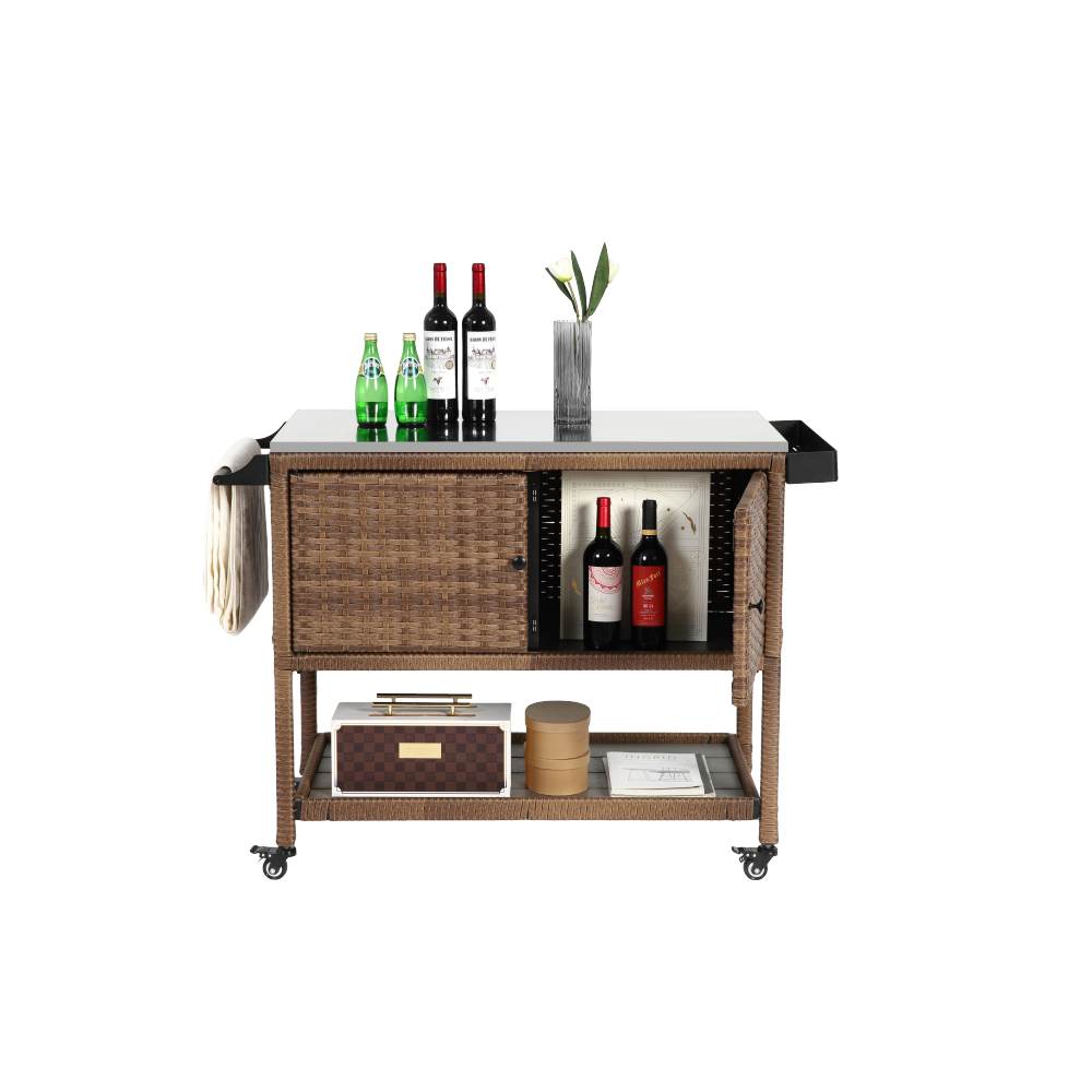 Outdoor Wicker Bar Cart, Patio Wine Serving Cart w/Wheels, Rolling Rattan Beverage Bar Counter Table w/Glass Top for Porch Backyard Garden Poolside Party, Brown