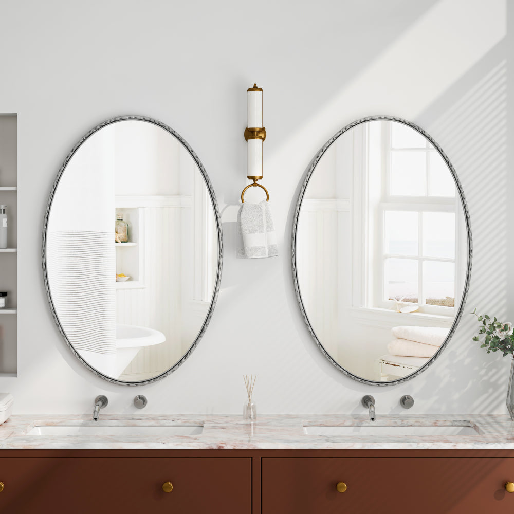 Iron Art Oval Retro Mirror, Antique Effect, Wall Hanging, Suitable For Bathroom, Bedroom, Living Room (Silver)