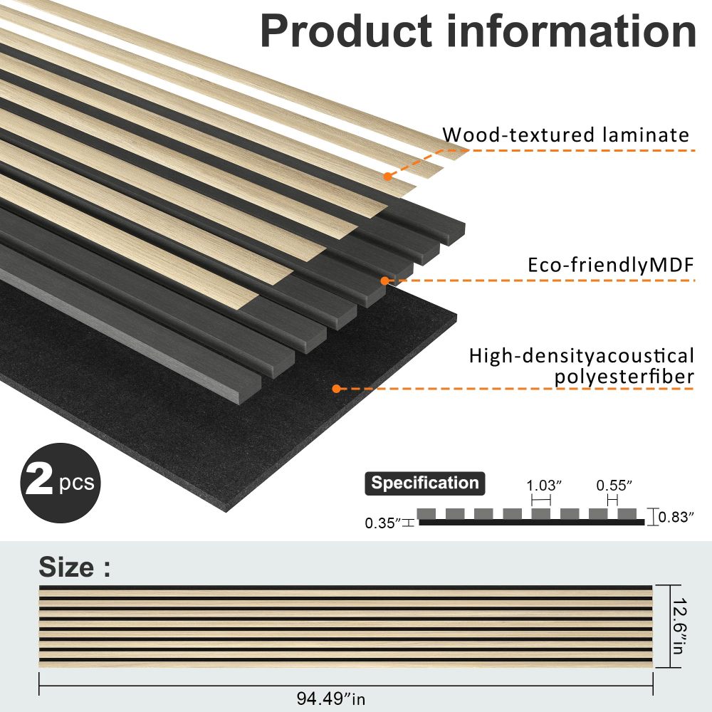 Acoustic Wood Wall Panels, 2 Pack 94.5" x 12.6" Soundproof Wall Panels,Wood Slat Wall Panels for Interior Wall Decor (Oak)