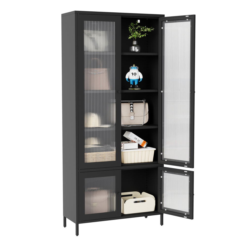 Large Metal Storage Cabinet Display Cabinet with 4 Glass Doors 5 Shelves Side Cabinet Bookcase Freestanding Cabinet for Bedroom Living Room Pantry Home Office - Black, Fluted Tempered Glass