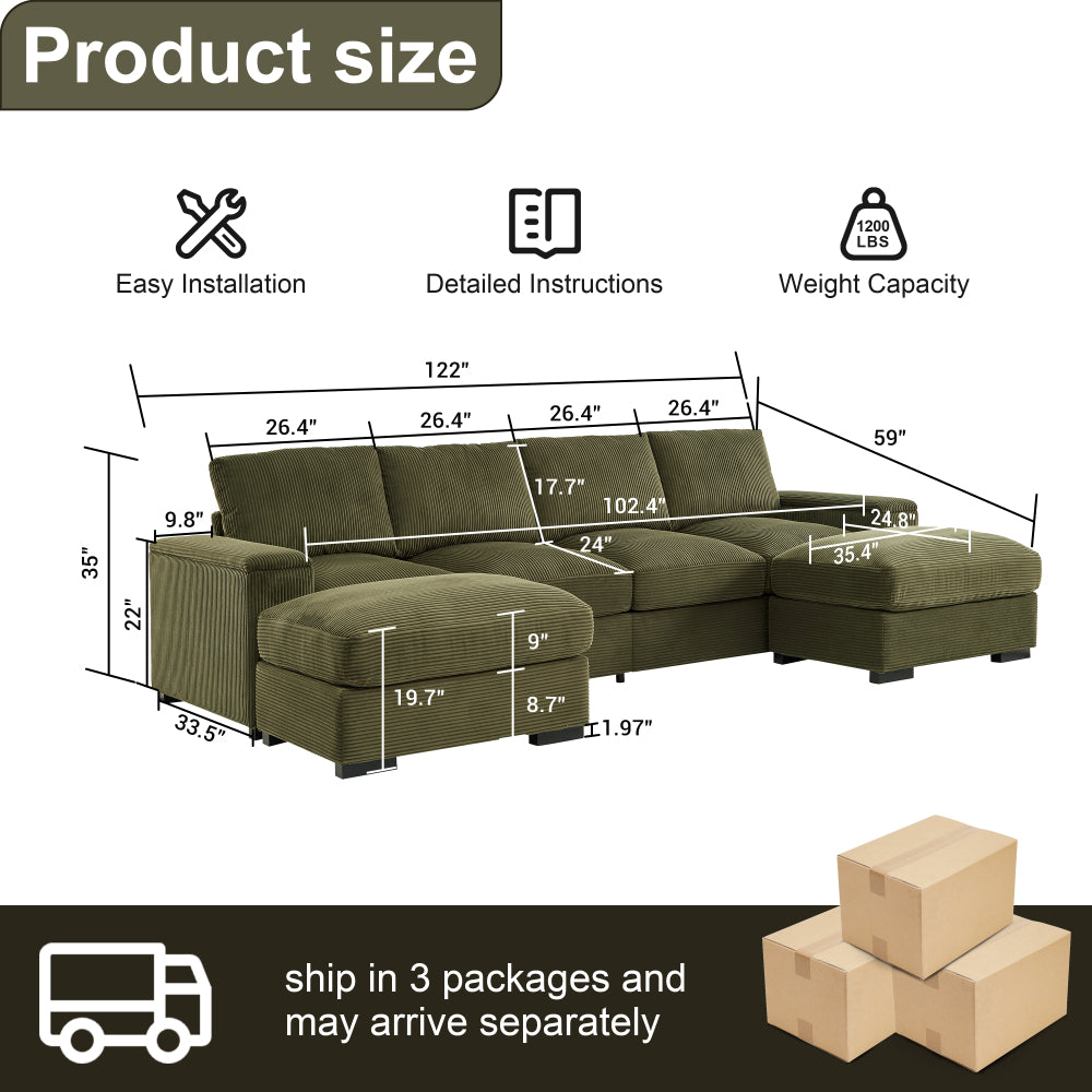 Sectional Sofa Deep Seat Sofa Couch with Ottomans, Corduroy Sofa Sleeper Comfy Upholstered Furniture for Living Room, Apartment, Office, (4-Seat & 2-Ottoman, Dark Green)