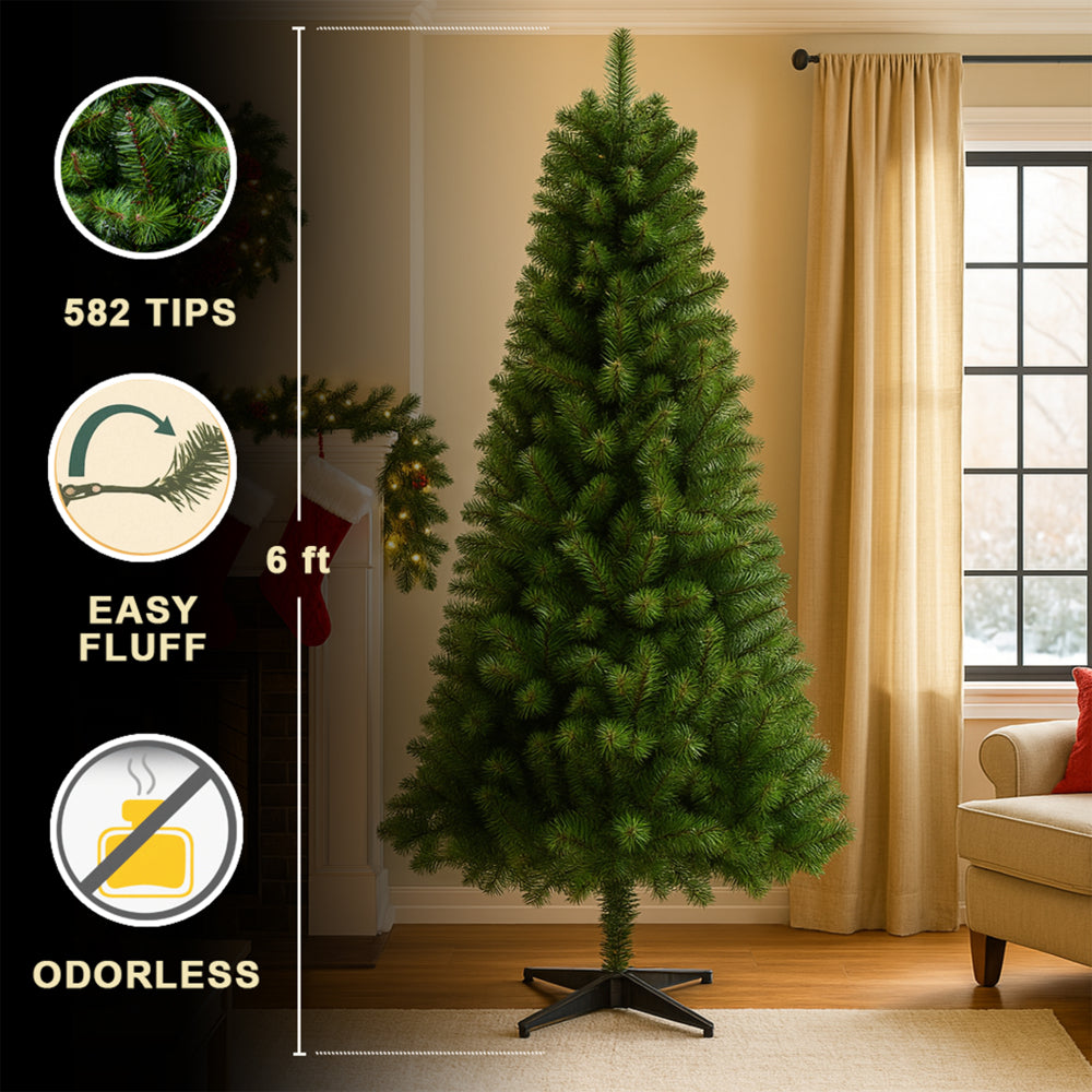 6FT Hinged Unlit Artificial Christmas Tree with 582 Tips, Full PVC Branches, Green Holiday Tree with 4-Leg Plastic Stand for Indoor Christmas Decoration