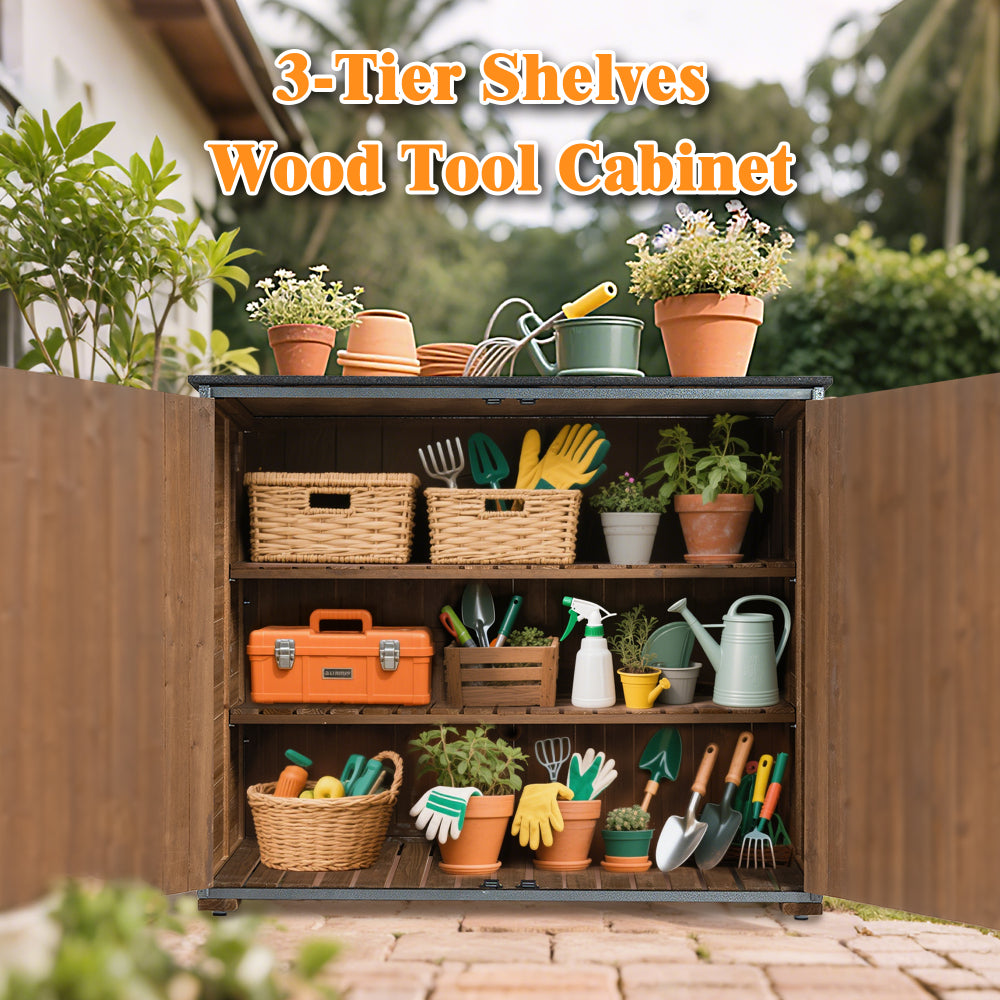 Outdoor Storage Cabinet 50.4"L X 26.8"W X 41"H, Garden Shed Tool Shed with Metal Frame Structure for Backyard Garden Patio Lawn (Brown)