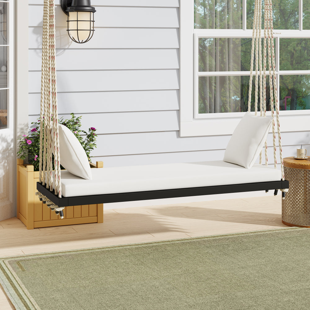 TOPMAX Patio Wooden Swing Chair, Hanging Porch Swing Bench with Cushion&Pillows, 10.8Ft Hemp Ropes for Garden,Backyard, Lawn,Natural