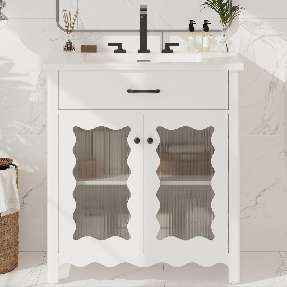 30" Modern Bathroom Vanity with Ceramic Sink, Bathroom Vanity Cabinet with Tempered Blurred Glass and Matte Black Handles, Equipped with Large Storage Space and Rubber Wood Frame, White