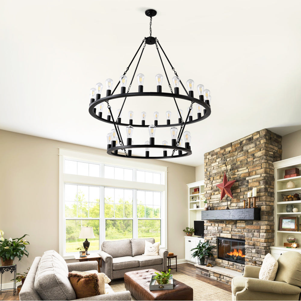 48 Inch Black Extra Large Wagon Wheel Chandelier, 2 Tier 36-Lights(No Include) Farmhouse Industrial Round High Ceiling Pendant Light Adjustable Chain, for Dining Room, Living Room,Kitchen
