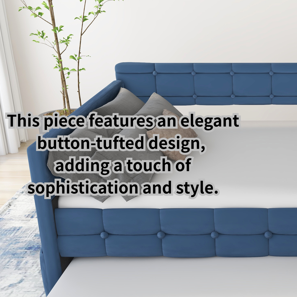BLUE UPHOLSTERED TWIN SIZE DAYBED WITH TRUNDLE, VELVET FABRIC, NO BOX SPRING REQUIRED, COMFORTABLE AND SIMPLE DESIGN MODELS