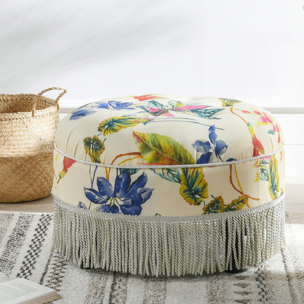 Yolanda 24" Round Upholstered Accent Ottoman, Peach Orange Velvet with Gold Trim