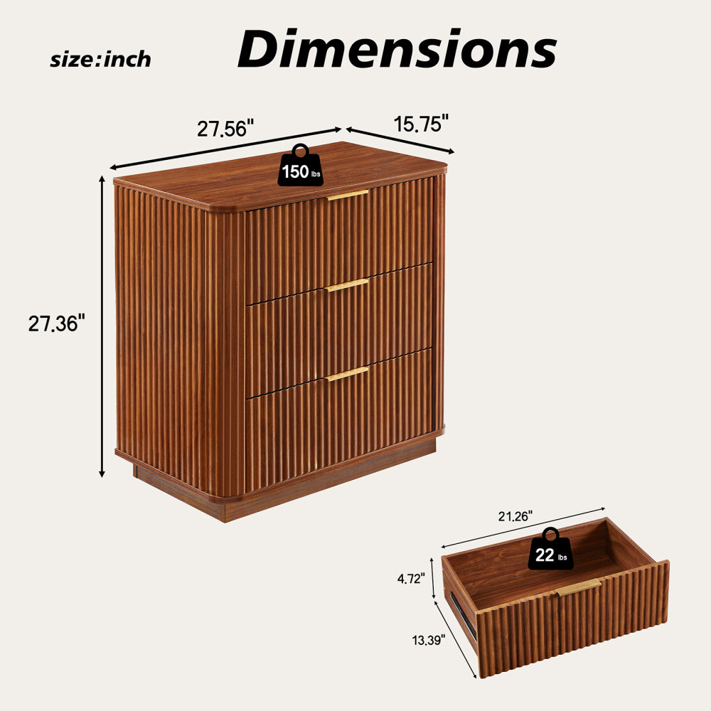 3 Drawers Drasser 2PCS, 27.6'' Wide Modern Chest of Drawers Curved wave Design,Nightstand,Wood Drawer Organizer for Bedroom, Living Room, Hallway, Walnut,27.6''W x 15.8''D x 27.4''H.