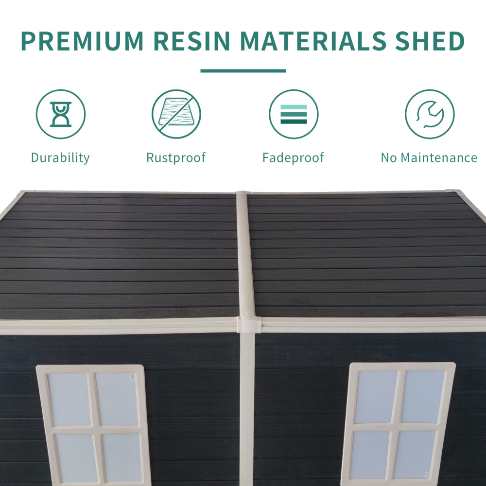 8x4ft Outdoor Resin Garden Shed with Floor and 2 Windows, Plastic Patio Outdoor Storage Shed with Lockable Door for Garden Tools, Bicycles, Trash Cans, Black