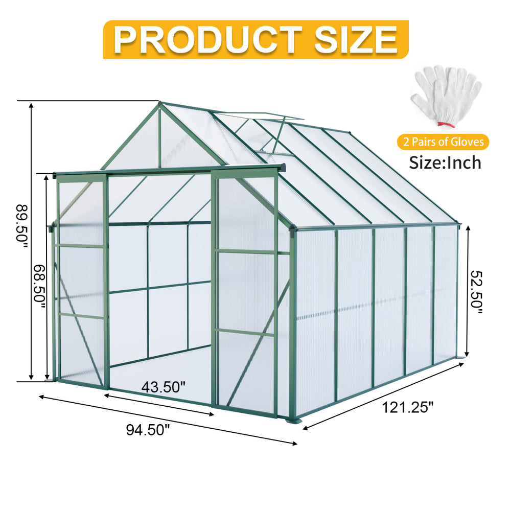 8x10FT Double Door Polycarbonate Greenhouse Raised Base and Anchor Aluminum Heavy Duty Walk-in Greenhouses for Outdoor Backyard in All Season,Green