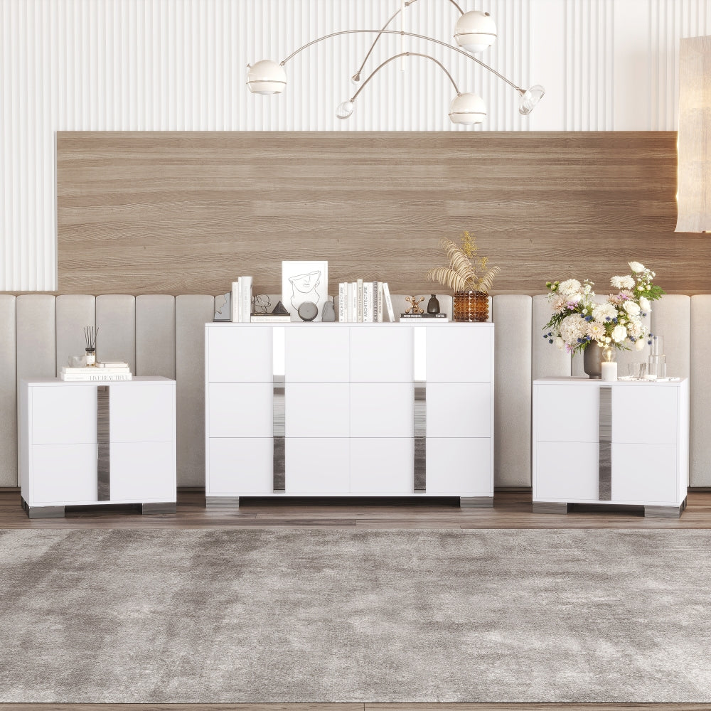 Elegant Nightstand with Metal Handle,Mirrored Bedside Table with 2 Drawers for Bedroom,Living Room,Grey