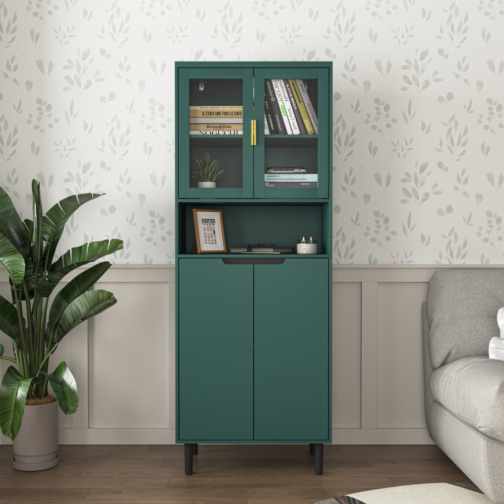 Tempered Glass Door Tall Storage Bookcase with adjustable board, 4 doors MDF painting finished cabinet, Black, Living room Bedroom storage