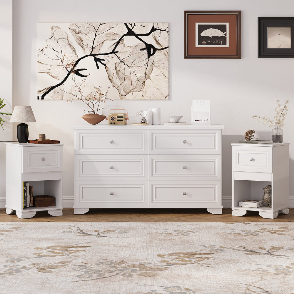 4-Pieces Retro Style Bedroom Sets, Queen Size Platform Bed with Elegant Design, Storage Nightstand and Dresser with Metal Handle, White