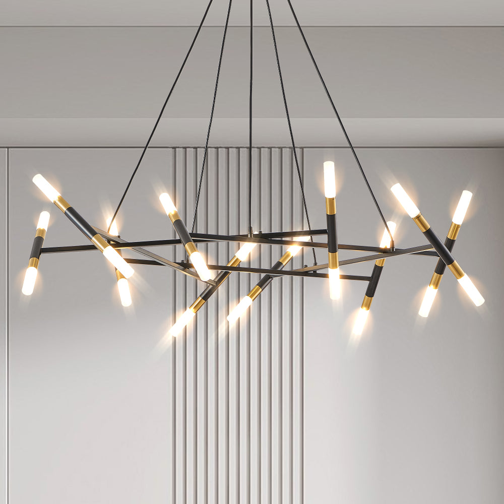 41" White & Golden Modern Chandelier Light Fixture, Branch Design with Frosted Tubes, Black Cords, Adjustable Height Pendant Light for Dining Room, Living Room, or Kitchen Island (Bulb Not Included)