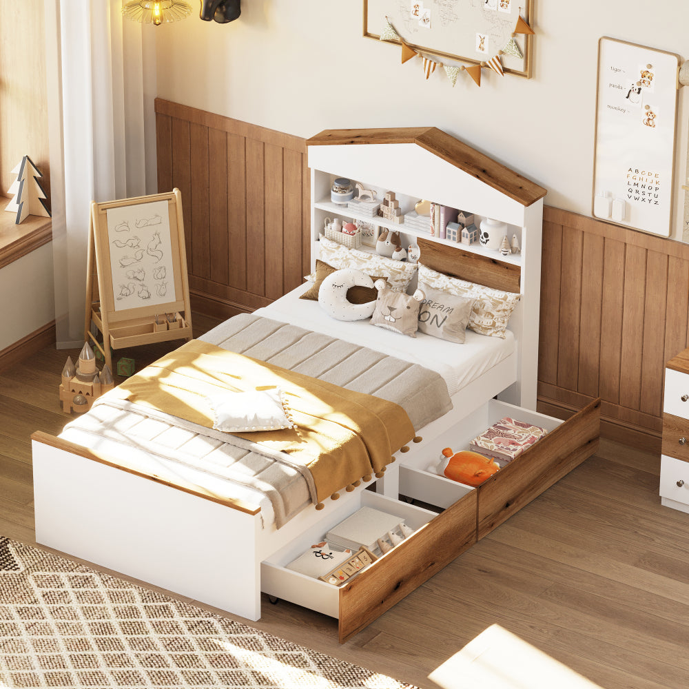 3-Pieces Bedroom Sets, Twin Size House-Shaped Wooden Bed with Storage Drawers, Nightstand with Colorblock Design and House-shaped Stroage Rack, Brown+White
