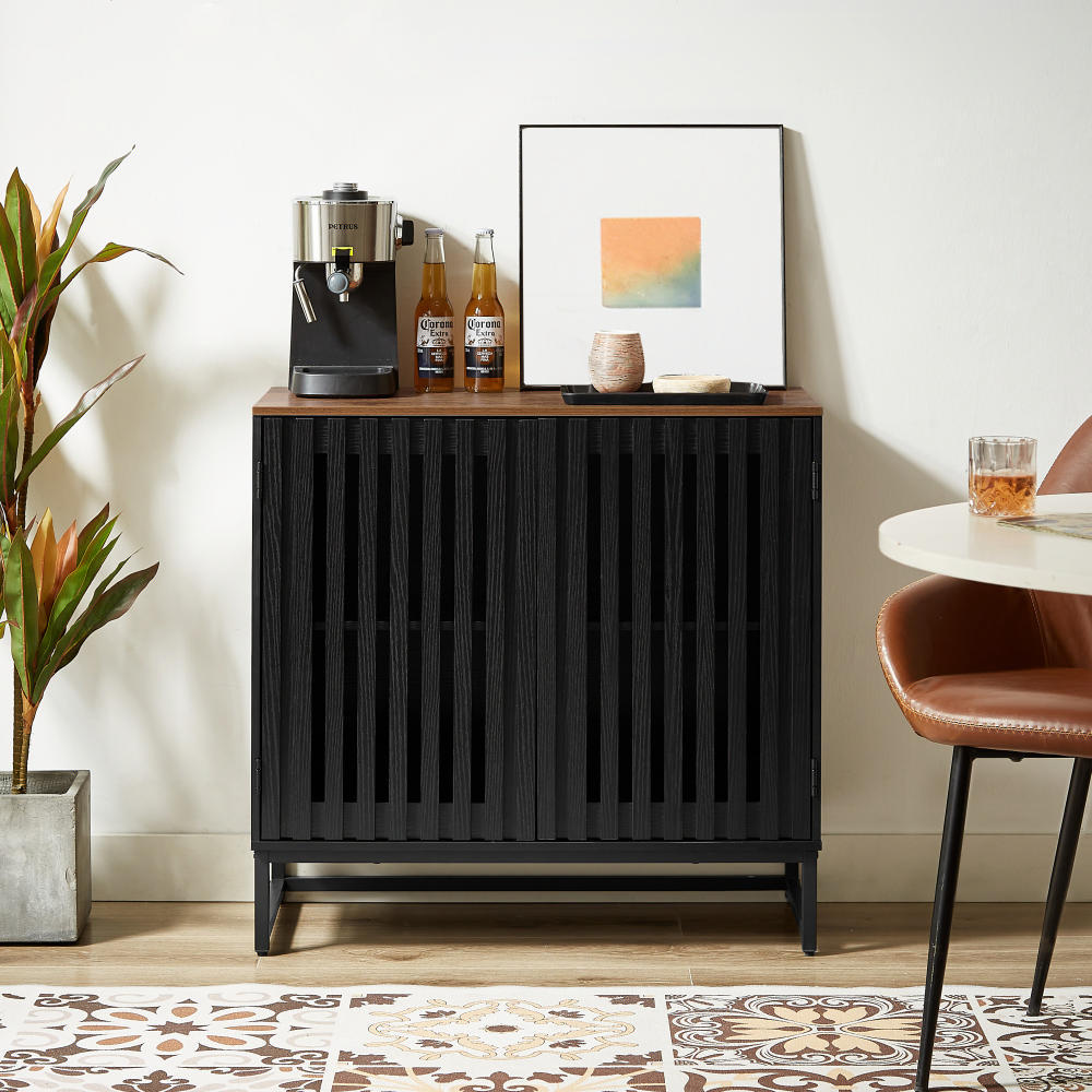3 Drawer and 4 Shelves Dresser with Slatted Grille Striped Drawer and doors, Modern Style Dresser, High-Quality MDF and Metal Leg