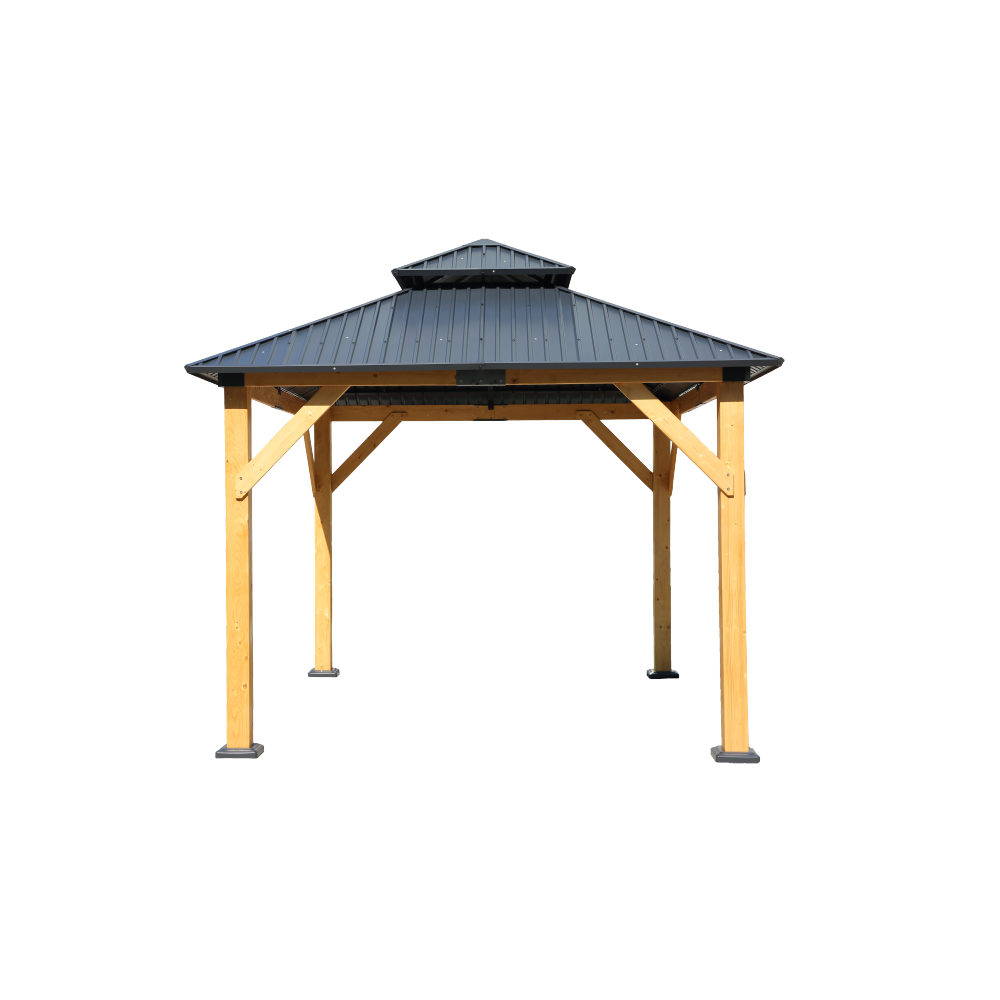 Fir Wood Carport Pavilion Gazebo, Wooden Coated steel Frame Canopy with Steel Double Roof, Outdoor Permanent Metal Pavilion with Netting for Patio