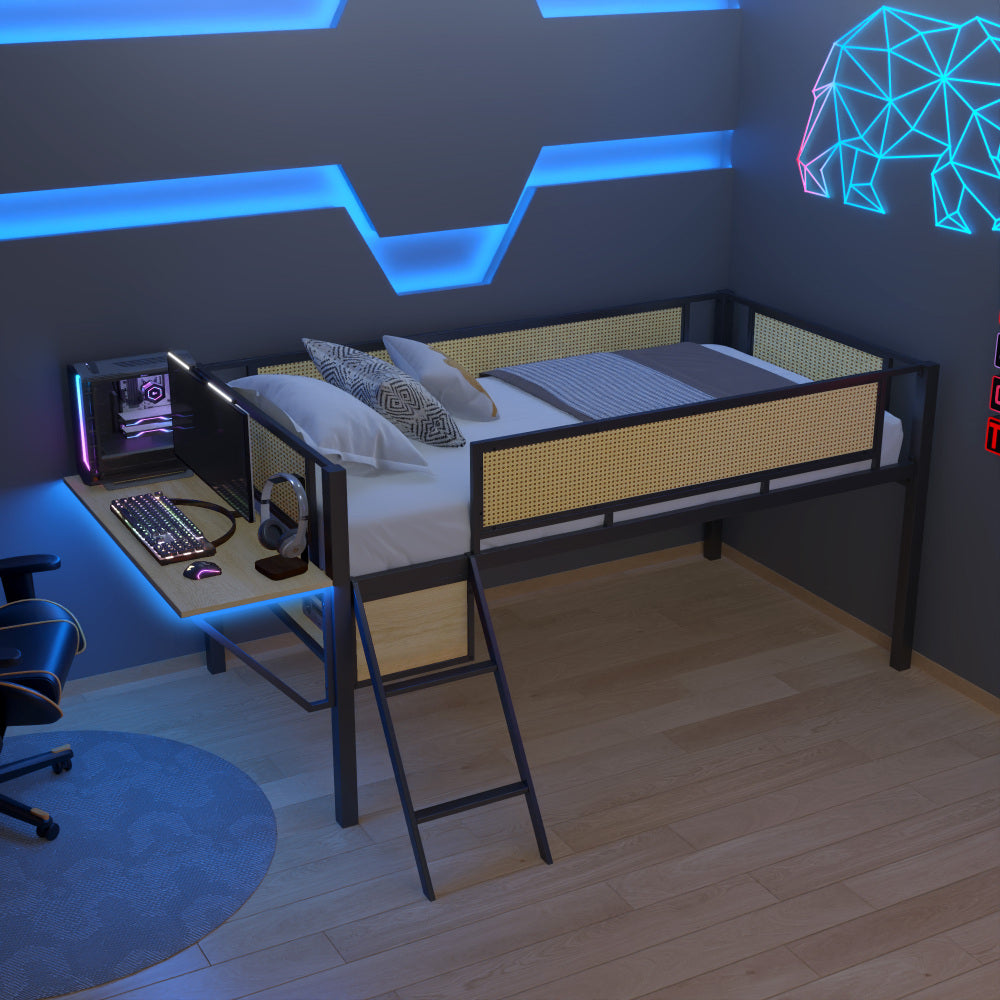 Single metal loft bed with rectangular desk, LED lights, LED loft bed frame double bed with storage shelves and hanging storage compartments, safety guard and ladder, no box springs required, rattan g