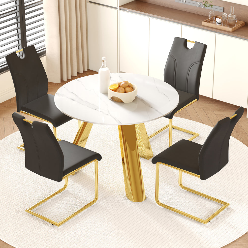 42-inch Sintered Stone Dining Table and Chair Set Mirror-polished Stainless Steel Base 4 Black PU Chairs Modern Luxury Round Dining Table Series