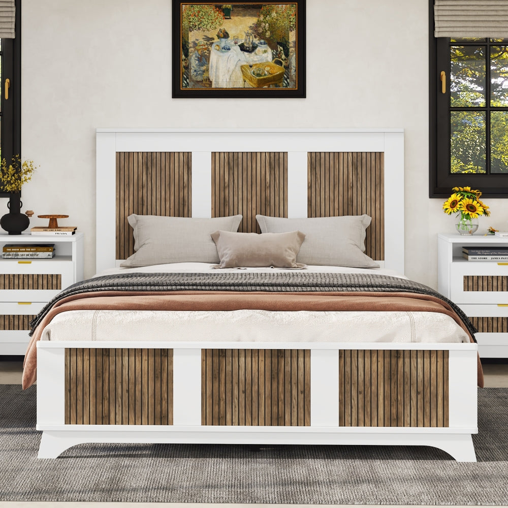 4-Pieces Bedroom Sets, Full Size Farmhouse Platform Bed with Wooden Strip Stickers Decoration, Storage Nightstand and Dresser with Metal Handle, Black