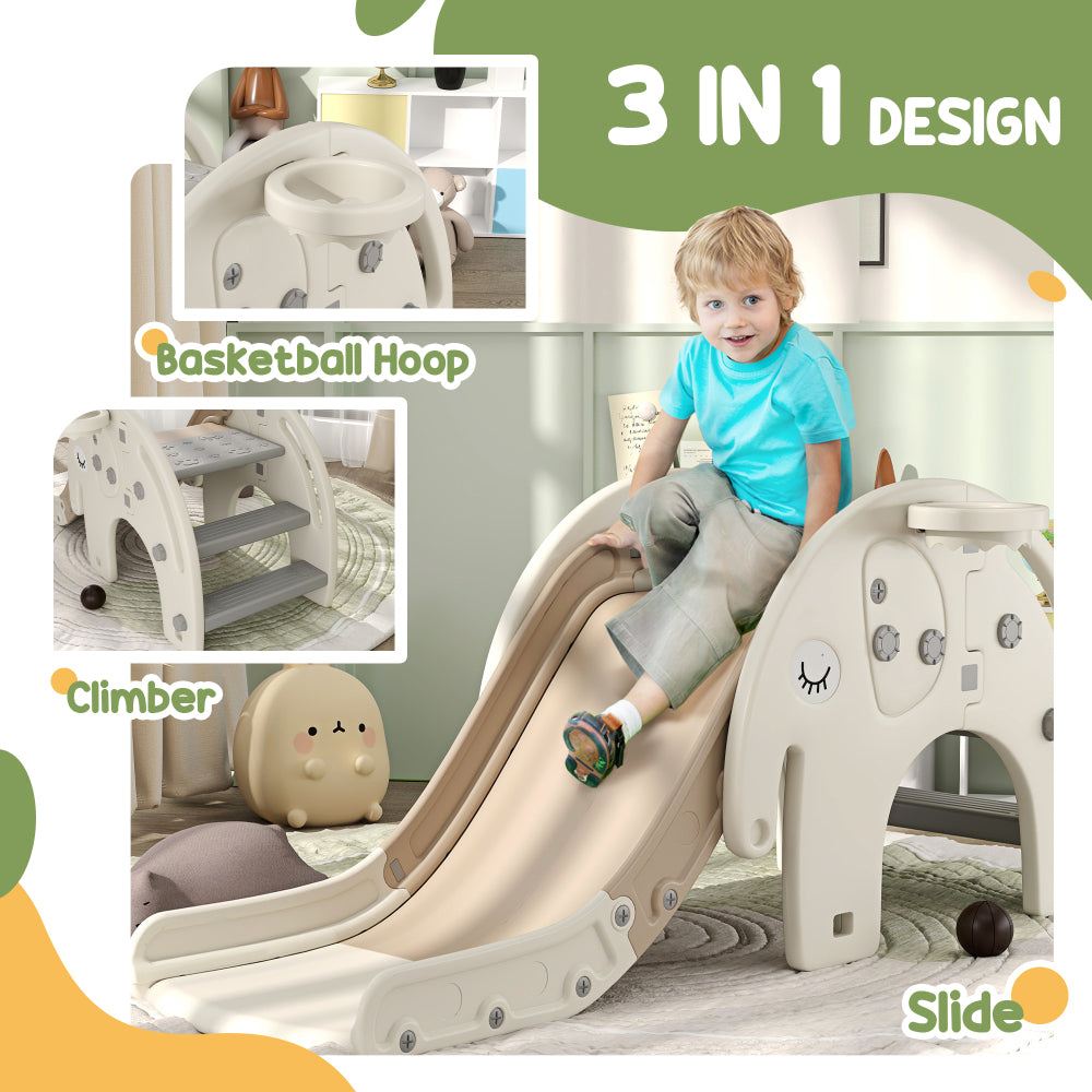 Qaba 3 in 1 Toddler Slide for Years 1-3, Kids Slide with Climber, Basketball Hoop, Elephant-Shaped Indoor Slide, Cream White