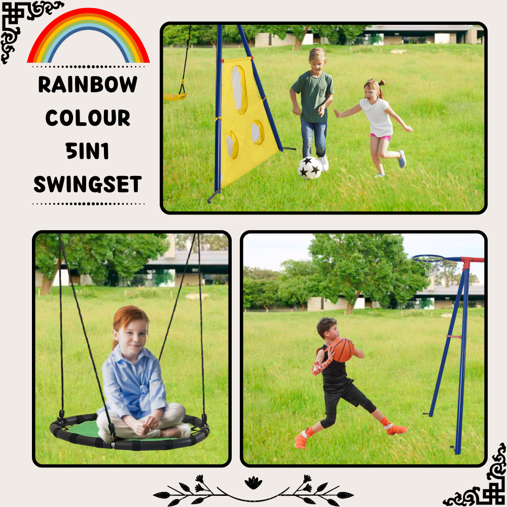 XNS093 rainbow colour interesting 5in1 swingset with Textilene swing and Tree Swing Disc metal plastic safe swing seat 550lbs for outdoor playground for age 3+