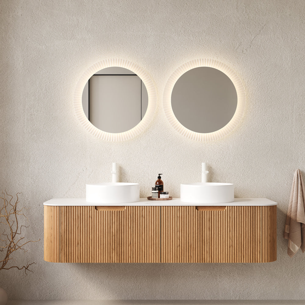DINA 24" Bathroom Vanity with Sink, Wall-Mounted Floating Curved Edges Striped Bathroom Storage Cabinet with a Drawer, White Round Ceramic Basin without Faucet, Pre-assembled, Natural Woodgrain Color