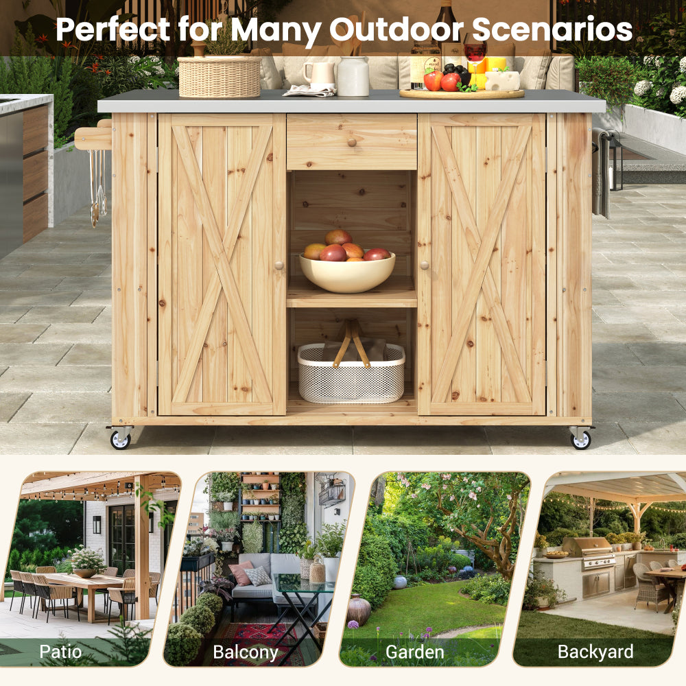 Outdoor Kitchen Island Fir Wood Kitchen Island with Stainless Steel Top, Ample Storage Space, Towel and Spice Racks and a Bottle Opener for Outdoor, Natural