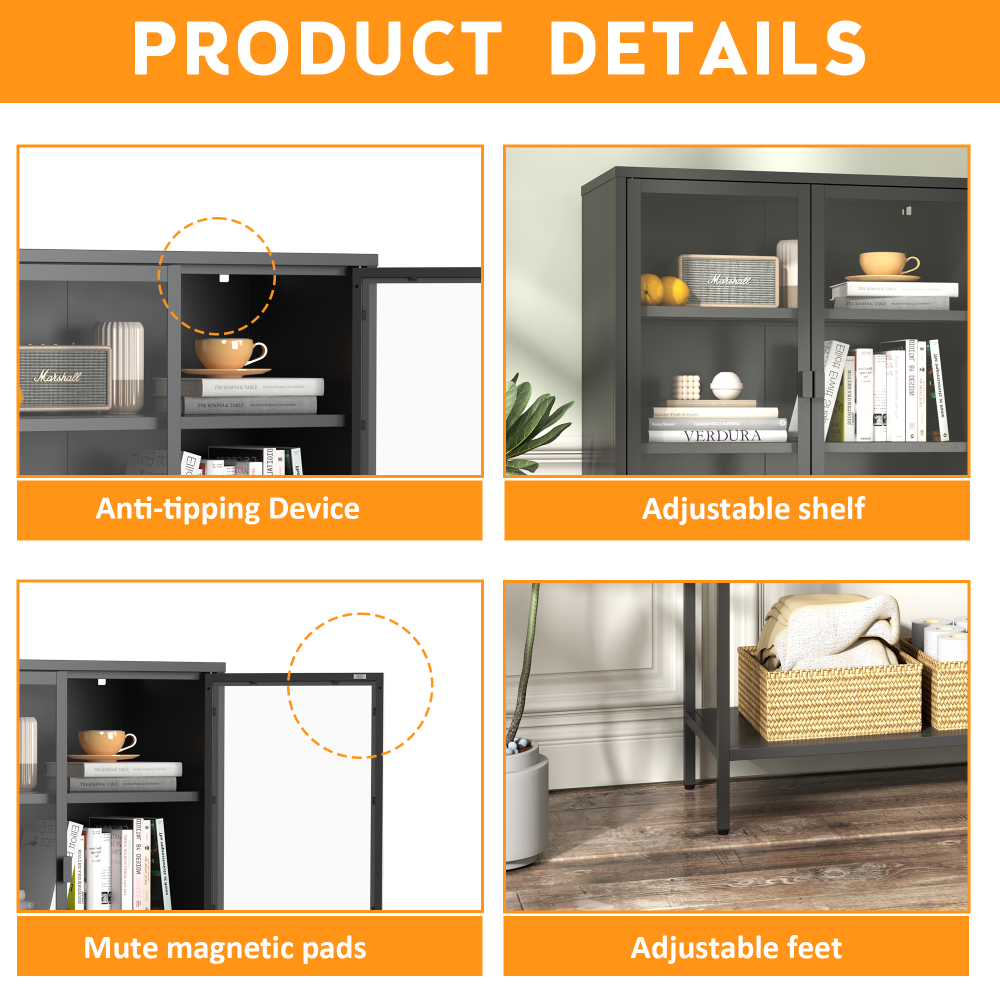 59"H Heavy Duty Metal Storage Cabinet,Sideboards & Buffet,Display Storage Cabinet with Glass Doors and 2 Adjustable Shelves, Tall Bookcase Modern Bookshelf Cabinet for Home Office, Living Room