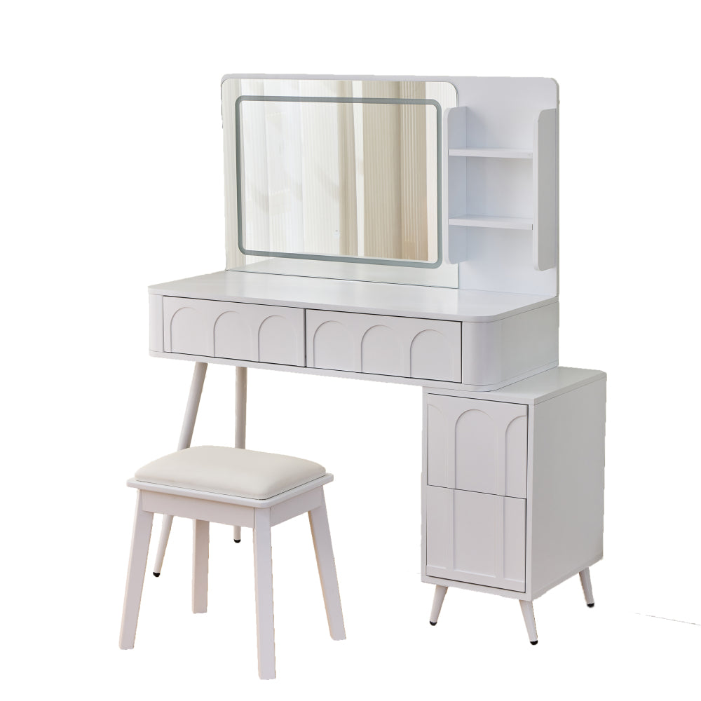 Modern Makeup Vanity Desk with LED Lights & Mirror, 4 Drawer Dressing Table Set with Stool, 3 Colors Dimmable Brightness, Space-Saving for Bedroom, White