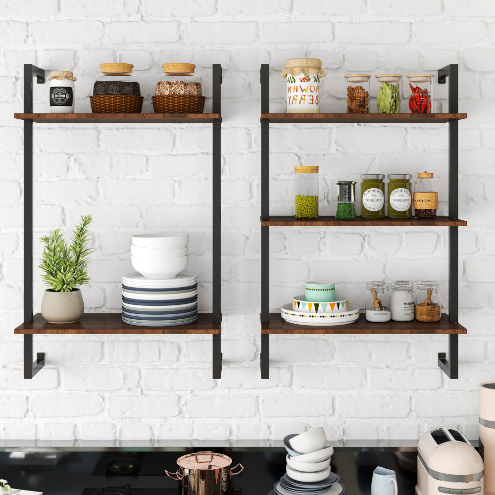 Industrial Pipe Shelf 3 Tier and 2 Tier Wall Mounted Shelves 36in Wood Display Shelves, and 3 additional hooks,Farmhouse Kitchen Bar Shelf, DIY Bookshelf Unit Hanging Wall Shelves for Bedroom...
