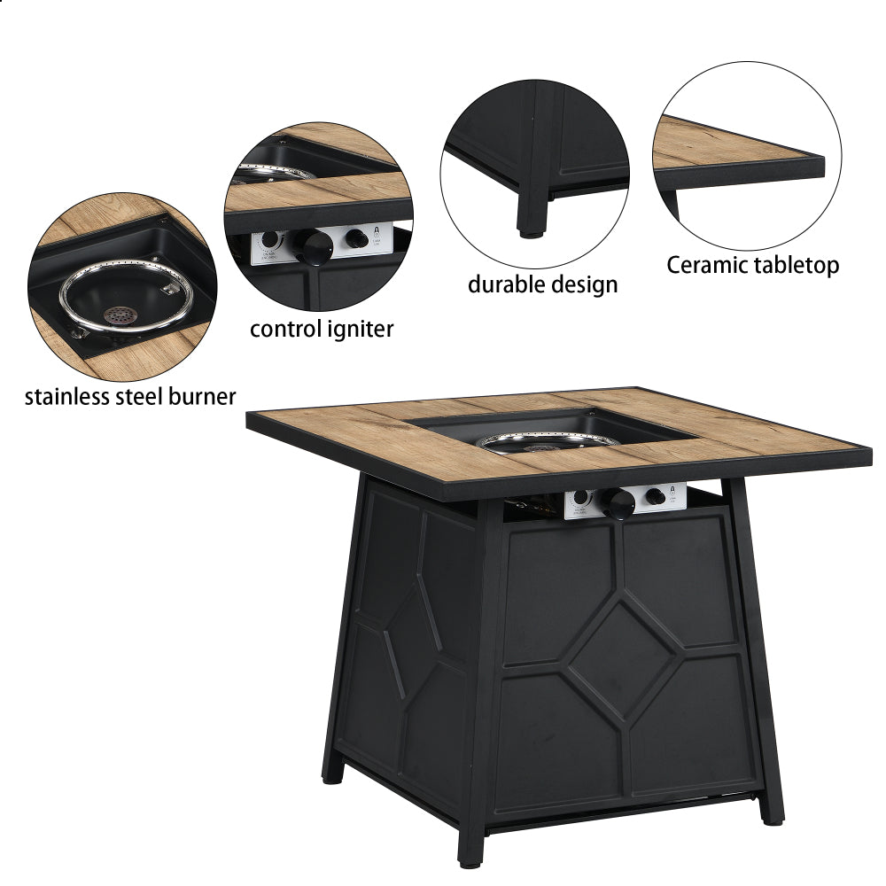 Fire Pit Table, 28-inch Square 40,000 BTU Auto-Ignition Propane Gas Firepit with Waterproof Cover