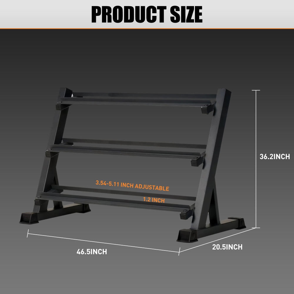 3-Tier Dumbbell Rack Stand: Holds 5-50lb weights with a 1100 lb max capacity. Designed specifically for dumbbell storage.
