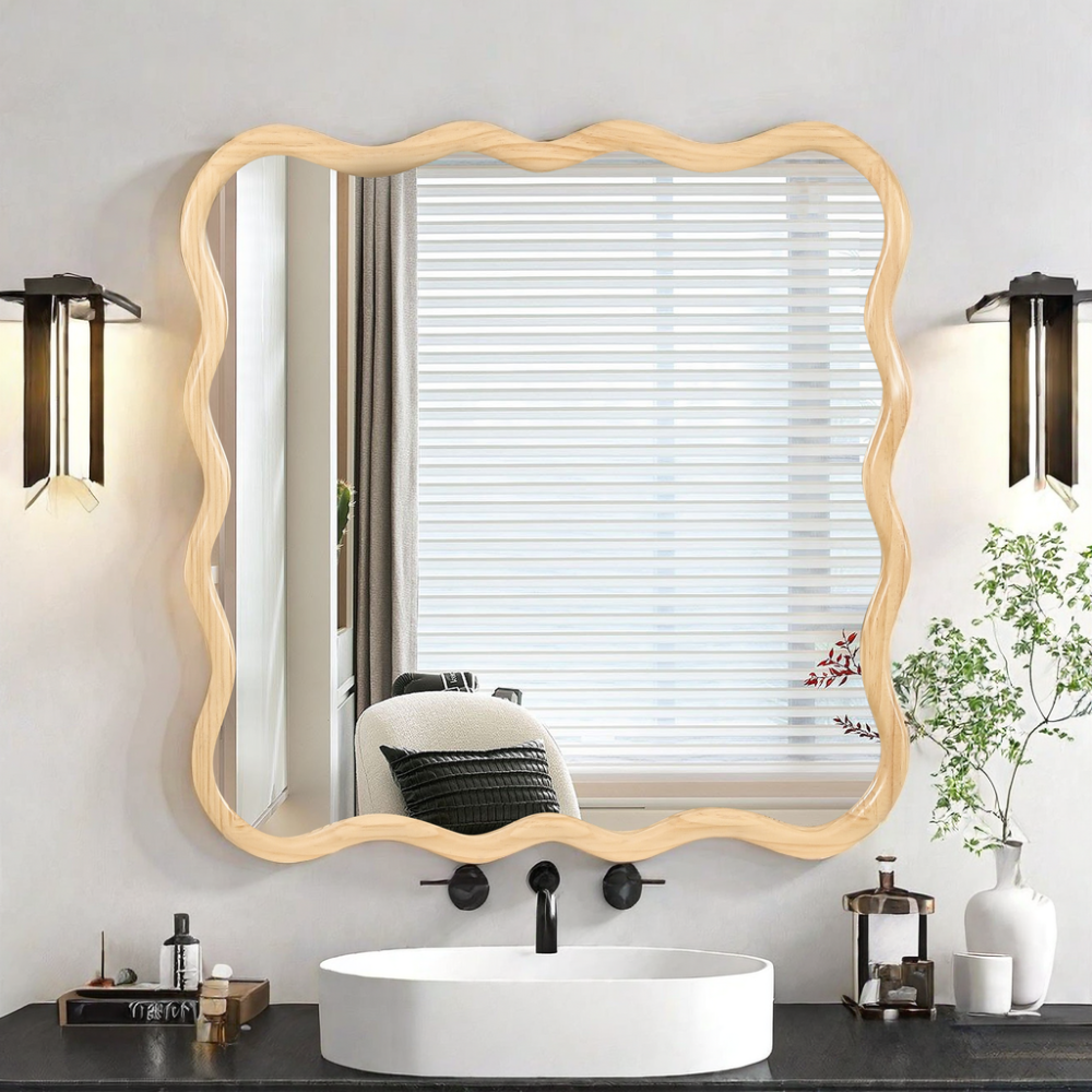 Solid Wood Wavy Square Mirror-Natural Wood 36" x 36" Modern Mirror Wall Decor for Bathroom, Bedroom, Living Room, Dining Room, Cloakroom, Entryway