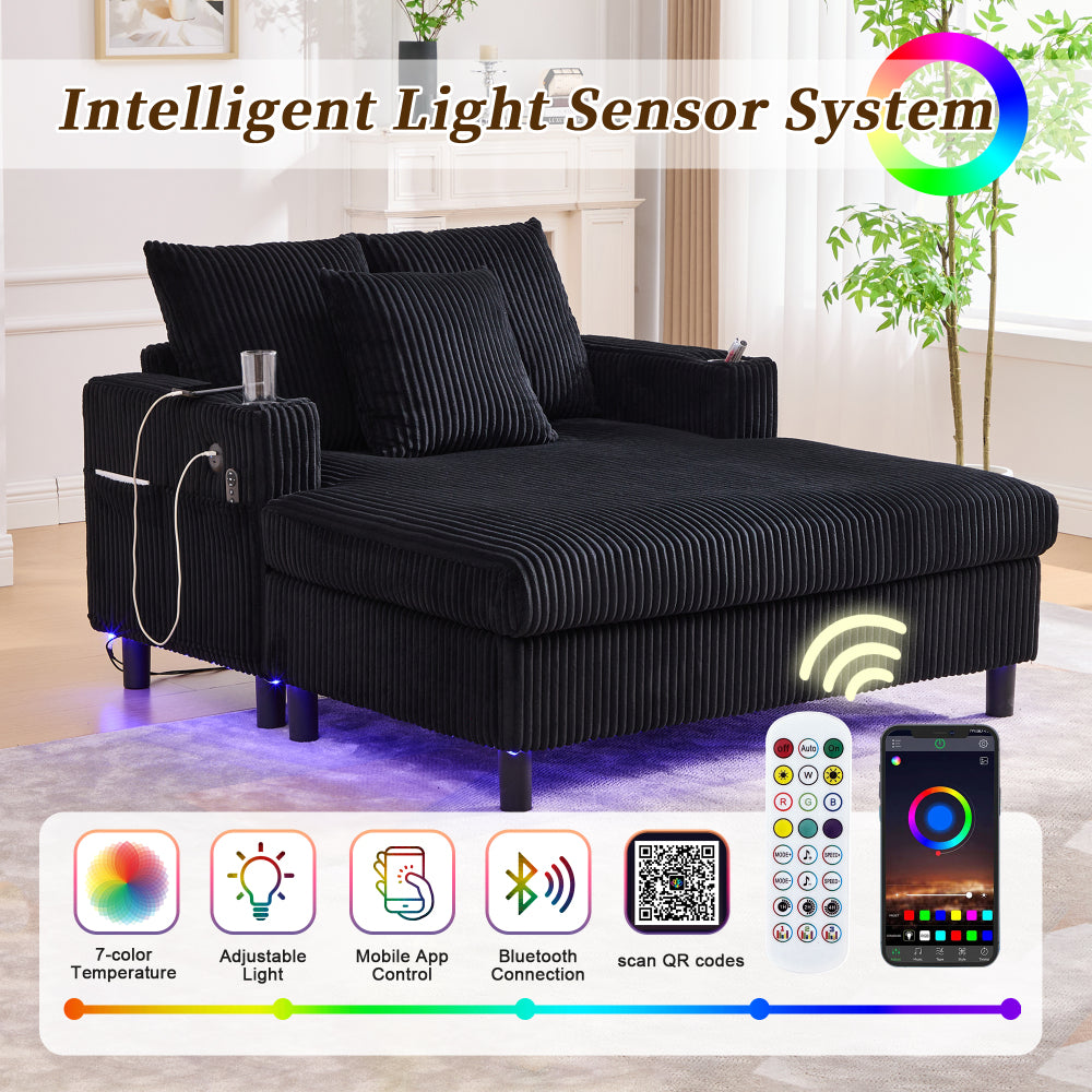 UNITED WE WIN Modern Corduroy Oversized Recliner Sofa with Deep Seat, 3 Pillows, USB Charging, RGB LED Light Strip, Cup Holder, Side Pocket - Suitable for Living Room and Bedroom