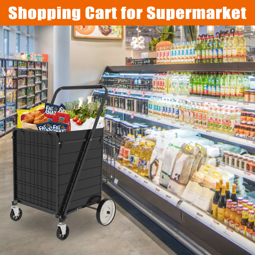 Bigger Super Jumbo Shopping Cart,Grocery Cart on Wheels, Foldable Utility Shopping Carts with Double Basket and 360° Rolling Swivel Wheels for Groceries Laundry