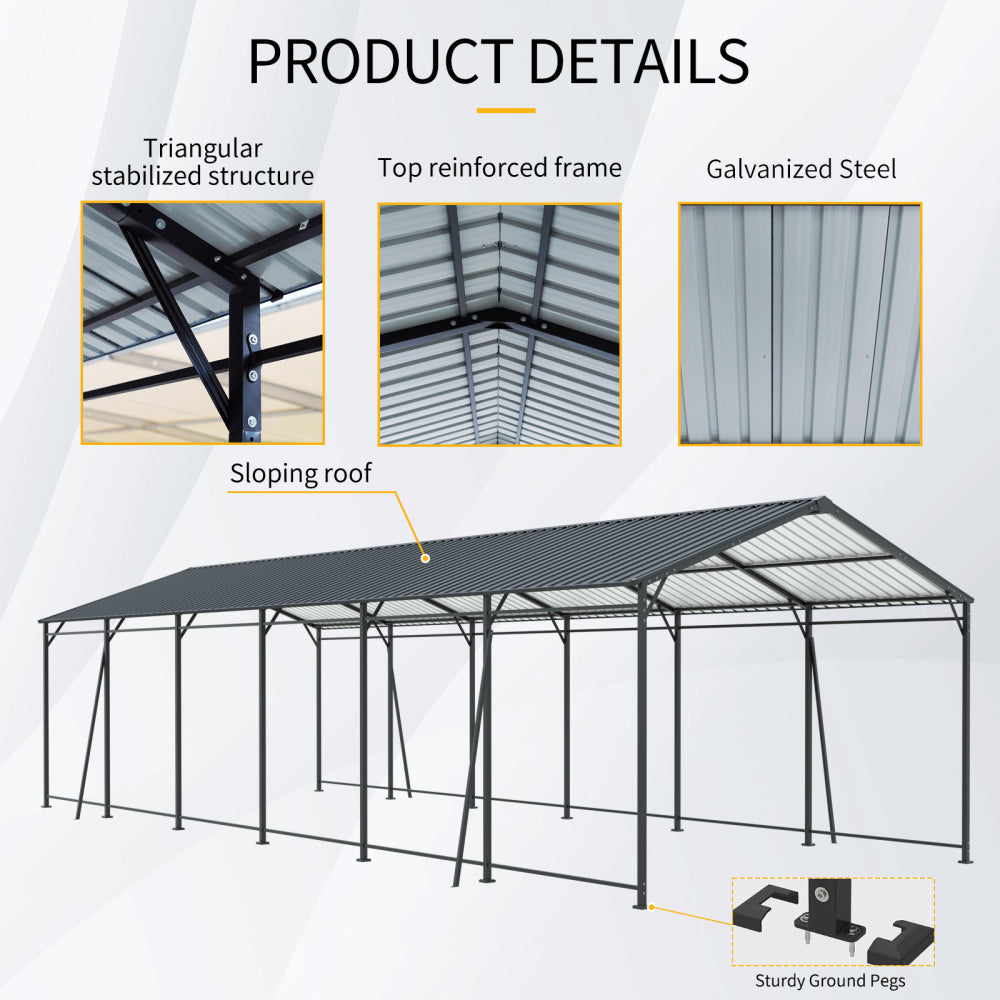 12*32 FT Carport, Heavy Duty Carport with Galvanized Steel Roof and Frame, Metal Carport Large Garage with 4 Fixed inclined square tube supports