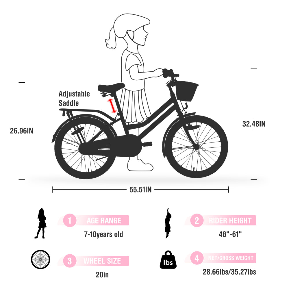 Multiple Colors,Girls Bike with Basket for 7-10 Years Old Kids,20 inch wheel ,No Training Wheels Included