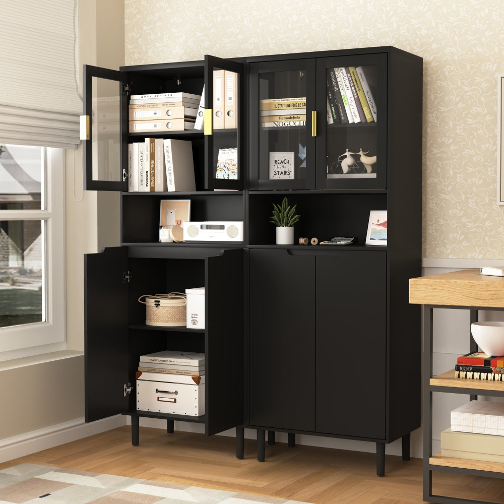 Tempered Glass Door Tall Storage Bookcase with adjustable board, 4 doors MDF painting finished cabinet, Black, Living room Bedroom storage