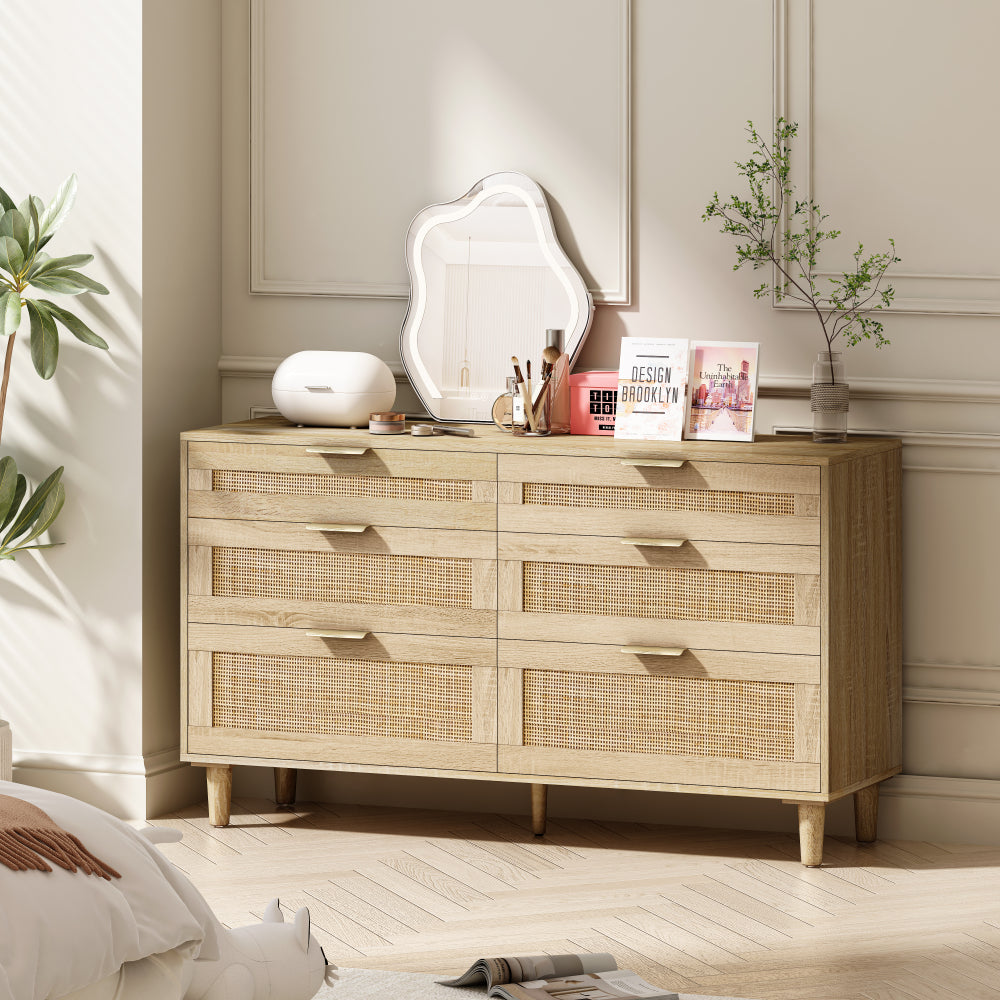 51" Rattan Dresser with Drawers, 6 Drawer Dresser for Bedroom, Clothes Storage Cabinet for Bedroom, Metal Handle&Wood Legs for Hallway, Living Room, Bedroom,Natural