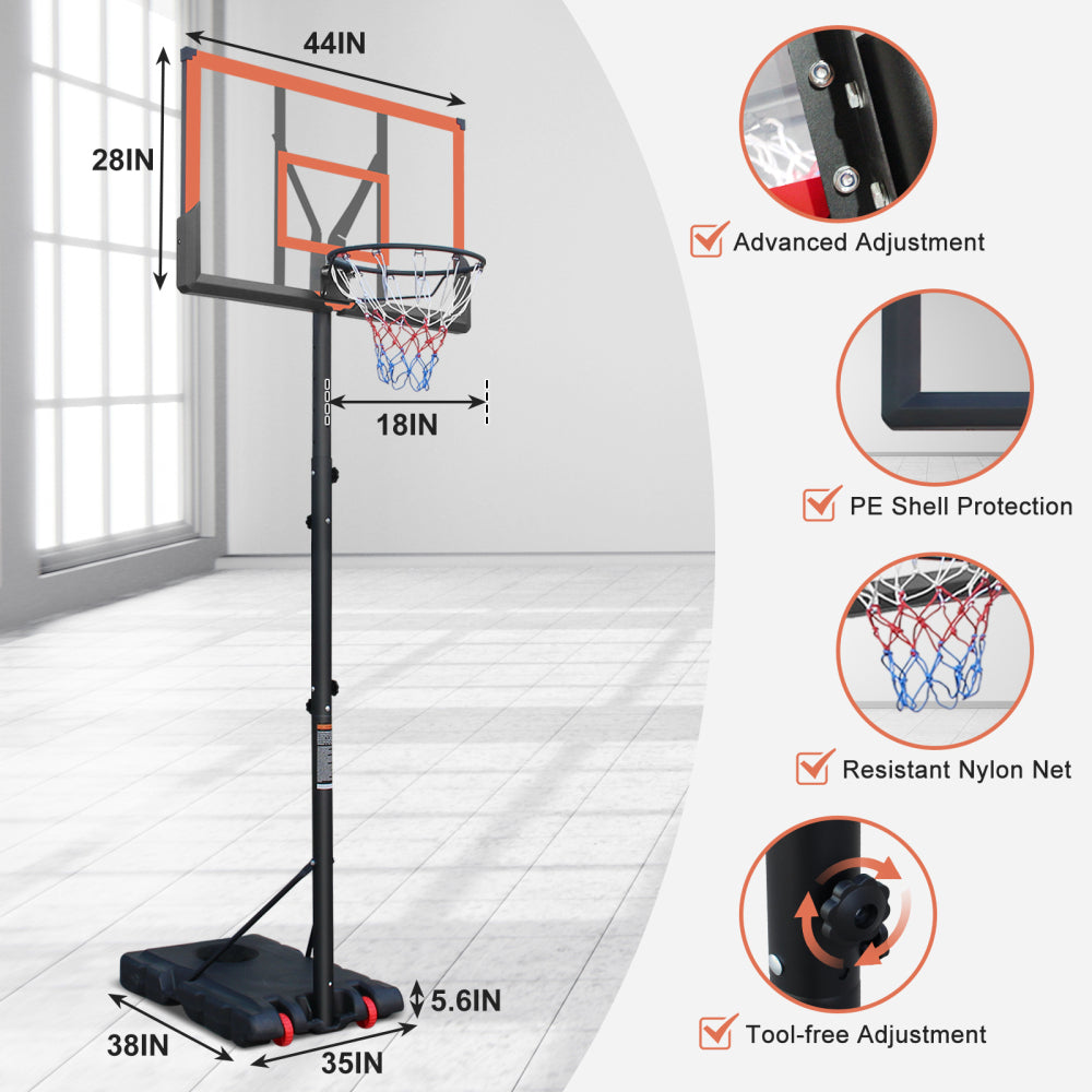 Basketball Hoop 5.73-10FT Height Adjustable Portable Basketball Goal for Indoor Outdoor Basketball Stand 44in Backboard with Wheels Orange