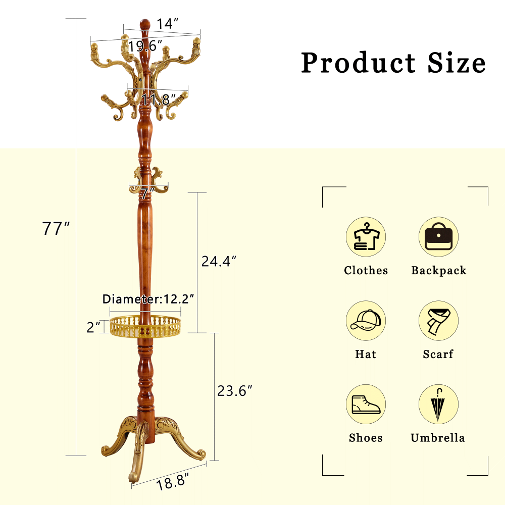 Crabapple Colored Solid Wood Hanger, Modern And Simple Coat And Hat Rack, Resin Stainless Steel Multifunctional Storage Rack With Key Tray (Optional In Walnut Color)