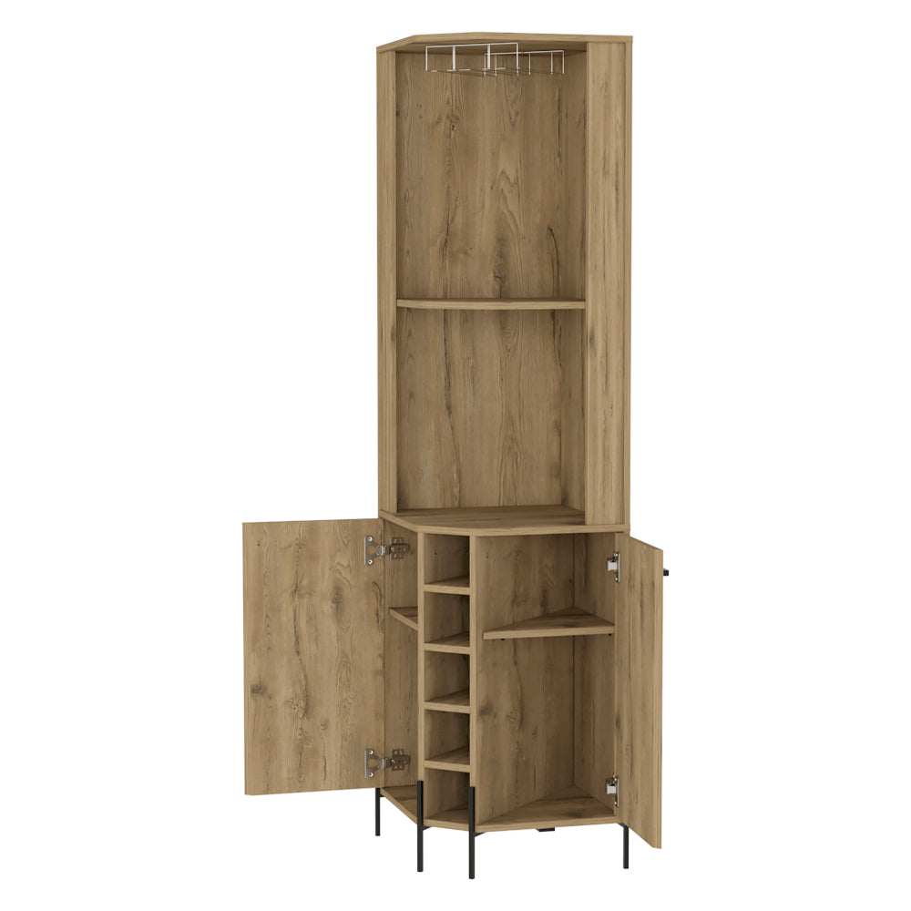 Reese Corner Bar Cabinet, Two Shelves, Double Door Cabinet, Five Built-in Wine Rack, Four Interior Shelves
