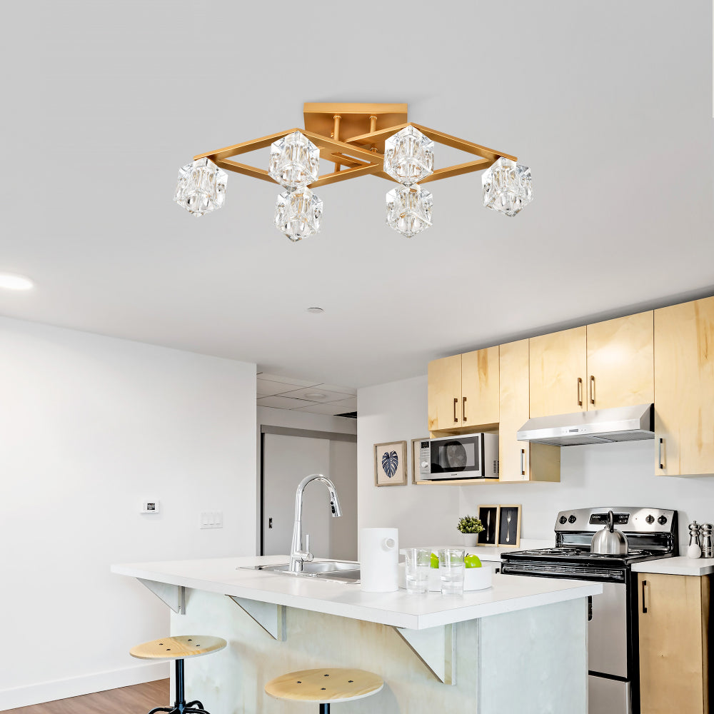 6-Light Crystal Ceiling Light for Dining Room, Modern Ceiling Lamp with Light Fixture For Entryway, Lobby, Kitchen, Bedroom, Living Room, Conference Room, (6*G9 Bulbs Included)--Gold