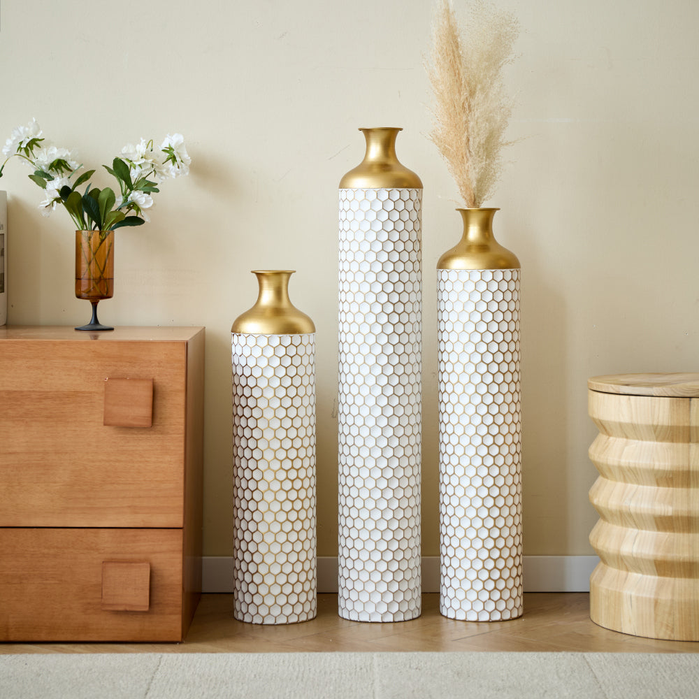 Floor metal vase modern style decoration home droplet shaped white metal vase 3-piece set gorgeous home decoration large glazed metal vase