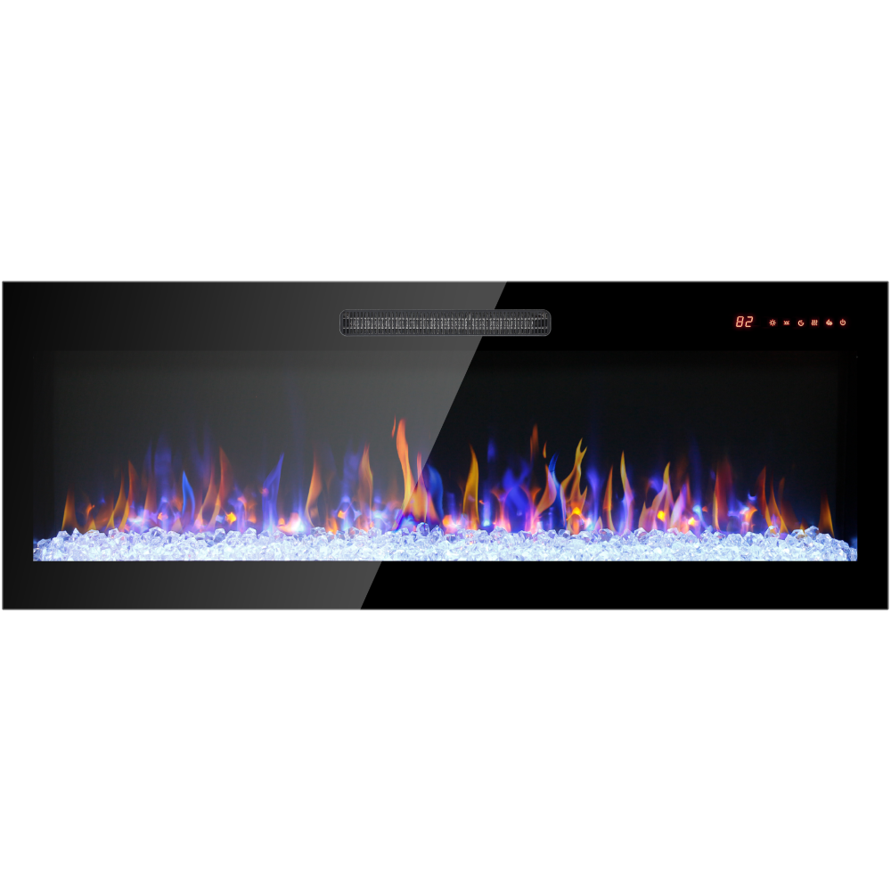 60 inch recessed ultra thin tempered glass front wall mounted electric fireplace with remote and multi color flame & emberbed, LED light heater